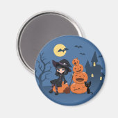 Halloween Hexe, Black Cat und Kürbiskins Magnet (Vorderseite/Rückseite)