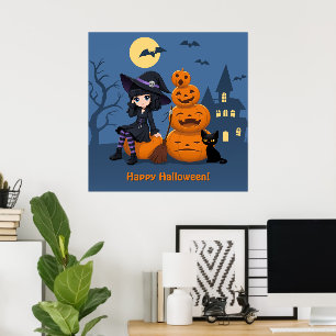Halloween Hexe, Black Cat und Kürbiskins Poster