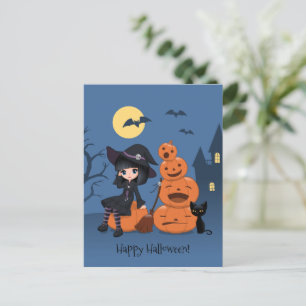 Halloween Hexe, Black Cat und Kürbiskins Postkarte