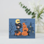 Halloween Hexe, Black Cat und Kürbiskins Postkarte (Stehend Vorderseite)