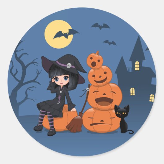 Halloween Hexe, Black Cat und Pumpkins auf Blau Runder Aufkleber (Vorderseite)