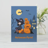 Halloween Hexe, Black Cat und Pumpkins Party Einladung (Stehend Vorderseite)