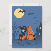 Halloween Hexe, Black Cat und Pumpkins Party Einladung (Rückseite)