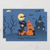Halloween Hexe, Black Cat und Pumpkins Party Einladung (Vorne/Hinten)