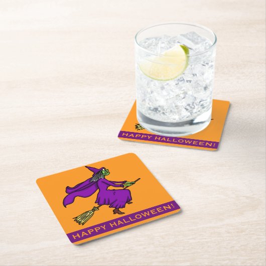 Halloween-Hexe-Cartoon Rechteckiger Pappuntersetzer (Vor Ort)
