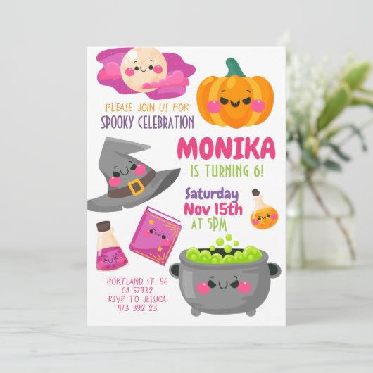 Halloween Hexe Cauldron Einladung zum Geburtstag (Stehend Vorderseite)