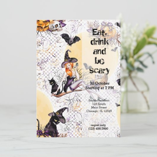Halloween Hexe Einladung (Stehend Vorderseite)