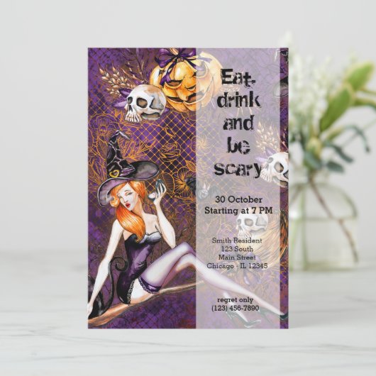 Halloween Hexe Einladung (Stehend Vorderseite)