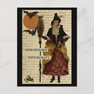 Halloween Hexe Fledermäuse Mond Eule Schädel Postkarte