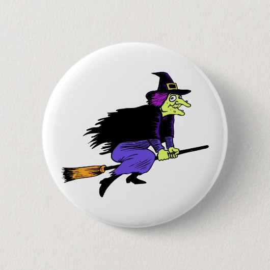 Halloween-Hexe-Fliegen auf einem Broomstick Button (Vorderseite)