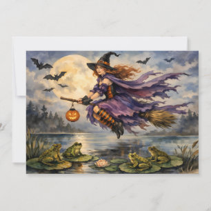 Halloween-Hexe fliegt über den Teich mit Fröschen Karte