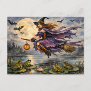 Halloween-Hexe fliegt über den Teich mit Fröschen Postkarte