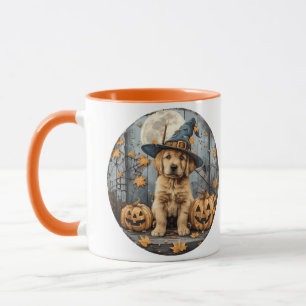 Halloween Hexe Golden Retriever Welpe Kürbisse Tasse