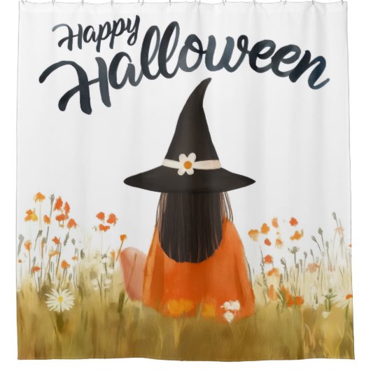 Halloween-Hexe im Blumenfeld Duschvorhang (Vorderseite)