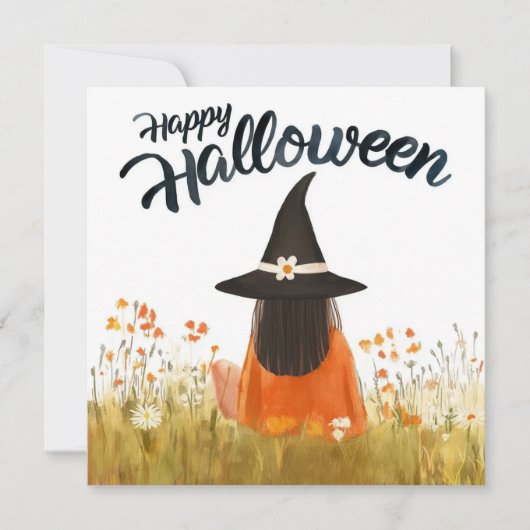 Halloween-Hexe im Blumenfeld Einladung (Vorderseite)