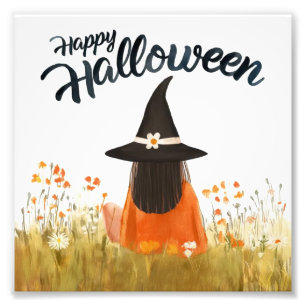Halloween-Hexe im Blumenfeld Fotodruck