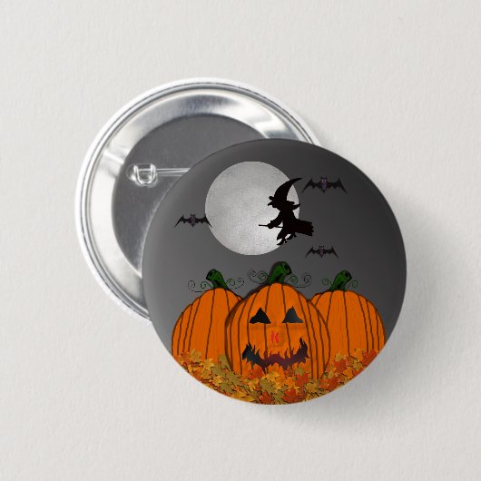 Halloween-Hexe-im Flug Knopf Button (Vorne & Hinten)