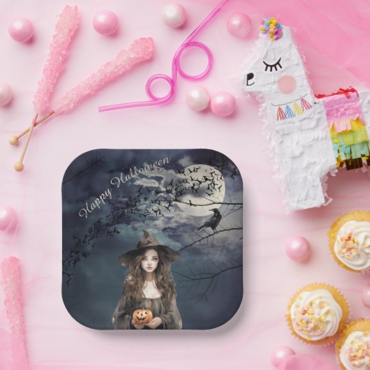 Halloween Hexe im Mondlicht Pappteller (Party)