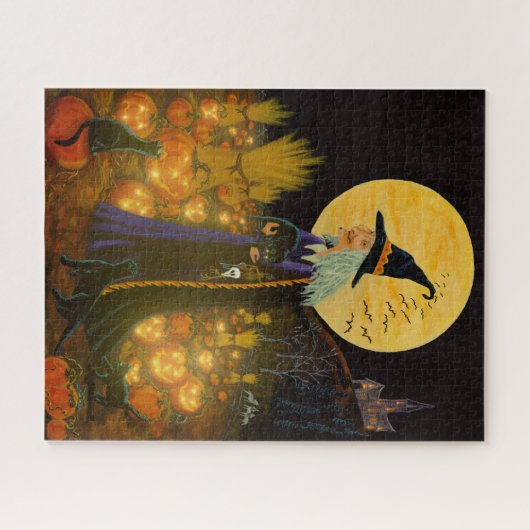 Halloween-Hexe in einem Kürbisfleckenpuzzlespiel Puzzle (Horizontal)