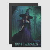 Halloween Hexe in Lila und schwarzer Magnetkarte (Vorne/Hinten)
