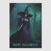 Halloween Hexe in Lila und schwarzer Magnetkarte (Vorderseite)