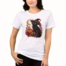 Halloween-Hexe-Katze- und Kürbis-Schönheits-T-Shir