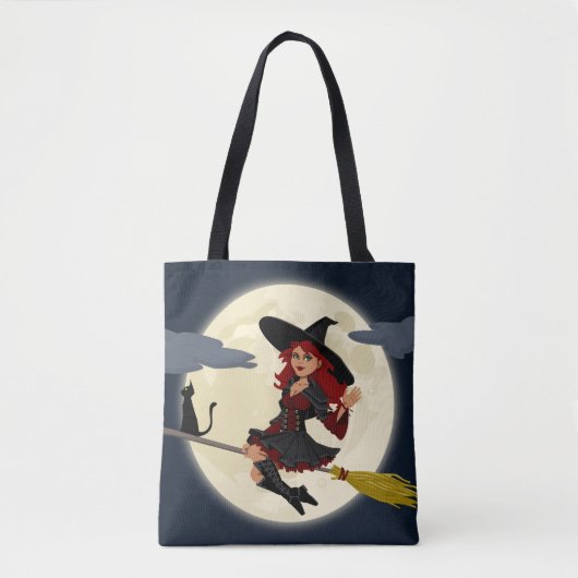 Halloween Hexe, Katze und Mond Tasche (Vorderseite)
