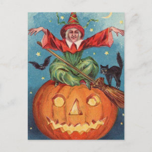 Halloween Hexe, Kürbis & Eule Vintage Feiertagspostkarte