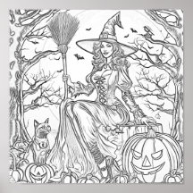 Halloween-Hexe, Kürbis und Katzenfärbungsseite