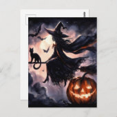Halloween Hexe mit Broom und Katze Postkarte (Vorne/Hinten)
