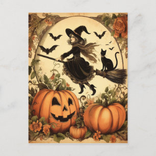 Halloween Hexe mit Broom und Katze Postkarte