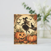 Halloween Hexe mit Broom und Katze Postkarte (Stehend Vorderseite)