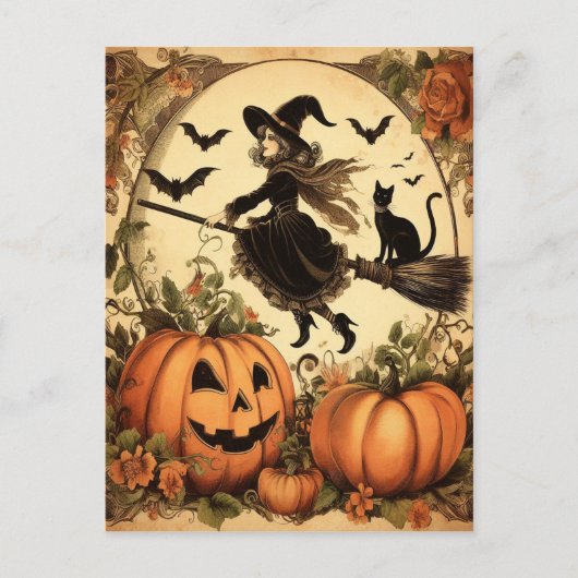 Halloween Hexe mit Broom und Katze Postkarte (Vorderseite)