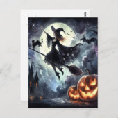 Halloween Hexe mit Broom und Katze Postkarte (Vorne/Hinten)