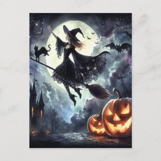 Halloween Hexe mit Broom und Katze Postkarte (Vorderseite)