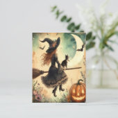 Halloween Hexe mit Broom und Katze Postkarte (Stehend Vorderseite)