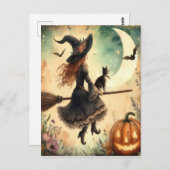 Halloween Hexe mit Broom und Katze Postkarte (Vorne/Hinten)