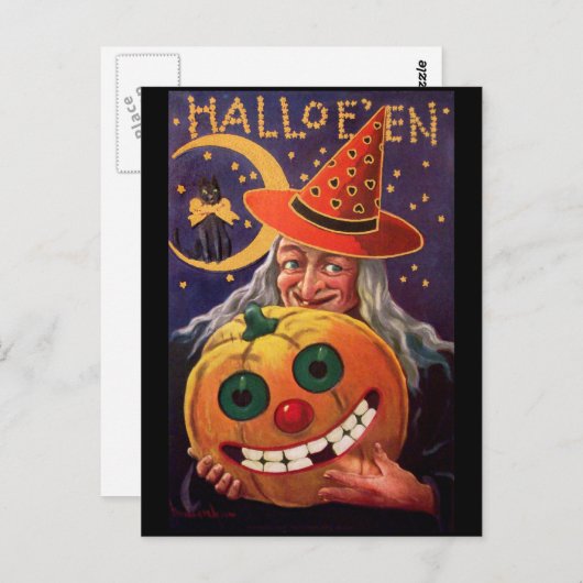 Halloween Hexe mit Funny Pumpkin Postkarte (Vorne/Hinten)