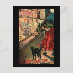 Halloween Hexe mit Katze Postkarte