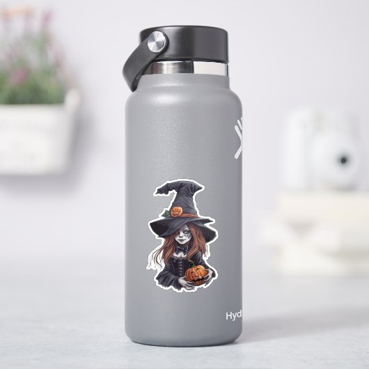 Halloween-Hexe mit Kürbis - Aufkleber (HydroFlask)