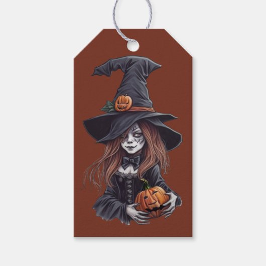 Halloween-Hexe mit Kürbis - Geschenkanhänger (Vorderseite)