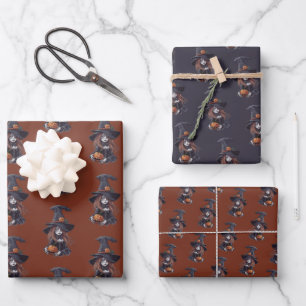Halloween-Hexe mit Kürbis - Geschenkpapier Set
