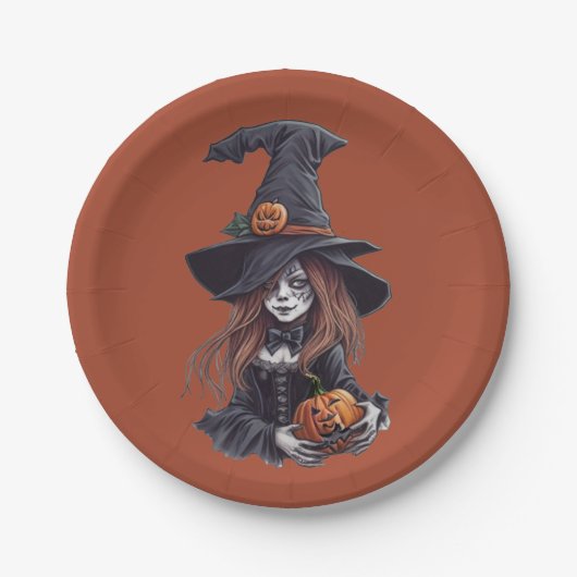 Halloween-Hexe mit Kürbis -  Pappteller (Vorderseite)