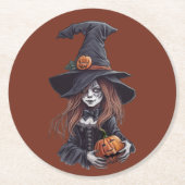 Halloween-Hexe mit Kürbis - Runder Pappuntersetzer (Vorderseite)
