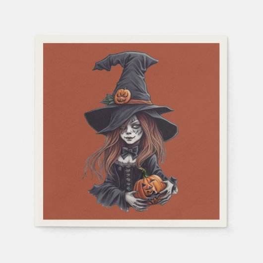 Halloween-Hexe mit Kürbis - Serviette (Vorderseite)