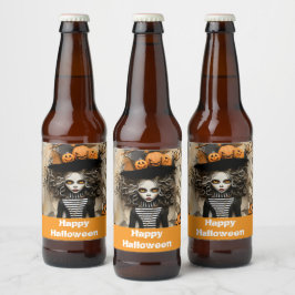 Halloween-Hexe mit Kürbissen Bierflaschenetikett
