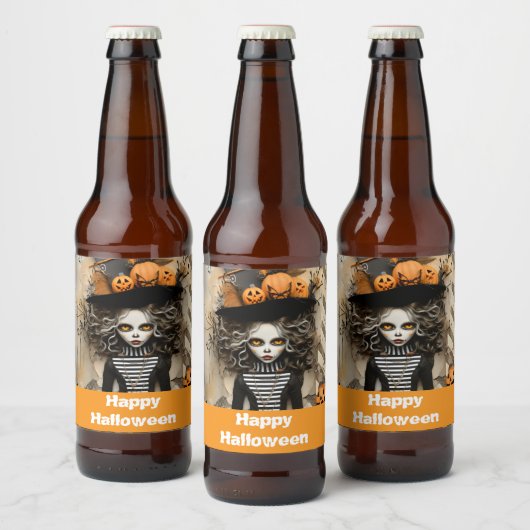 Halloween-Hexe mit Kürbissen Bierflaschenetikett (Flaschen)