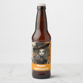 Halloween-Hexe mit Kürbissen Bierflaschenetikett (Vorderseite)