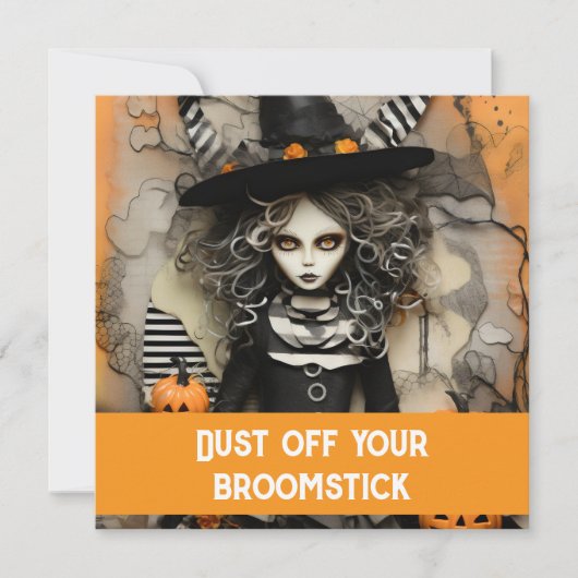 Halloween-Hexe mit Kürbissen Einladung (Vorderseite)