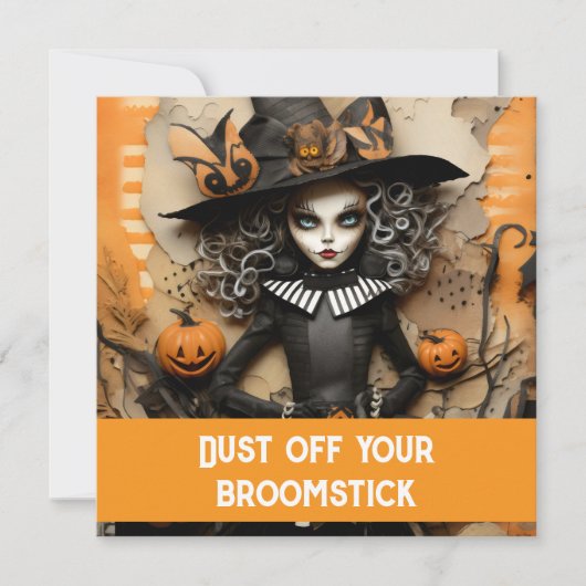 Halloween-Hexe mit Kürbissen Einladung (Vorderseite)